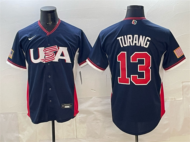 Men's USA Baseball #13 Brice Turang Navy 2026 World Baseball Classic Road Stadium Stitched Jersey